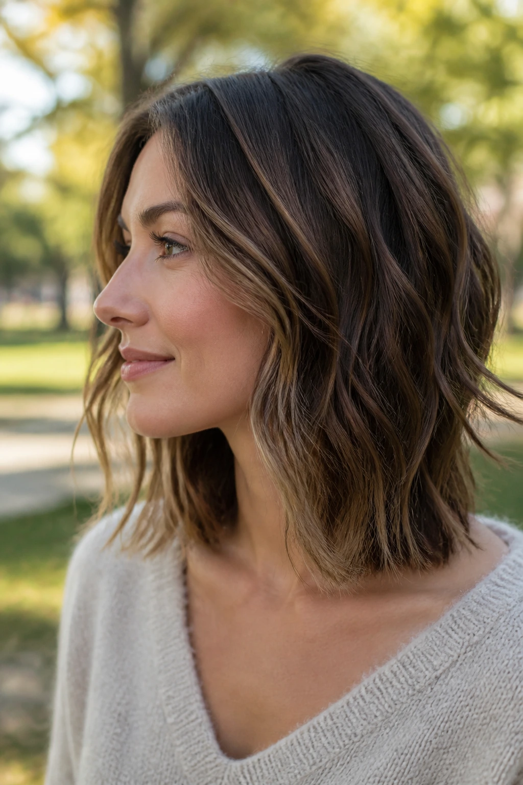 Portrait of a woman with a shoulder-length wavy lob and weightless ends