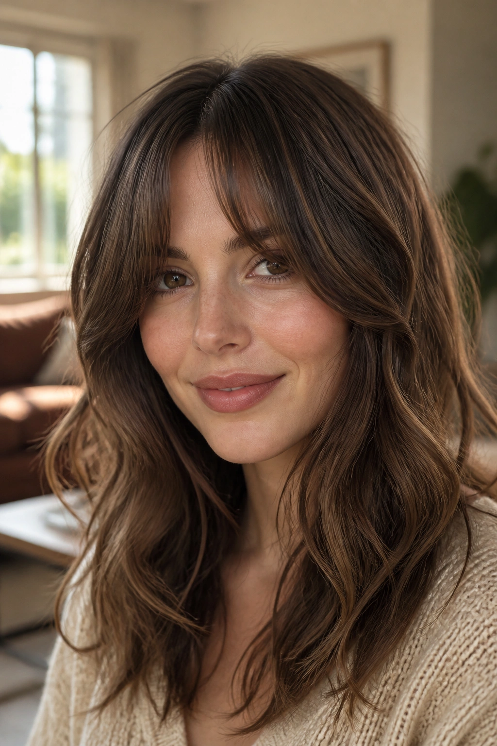 Close-up portrait of a real woman with wavy long bangs framing the face