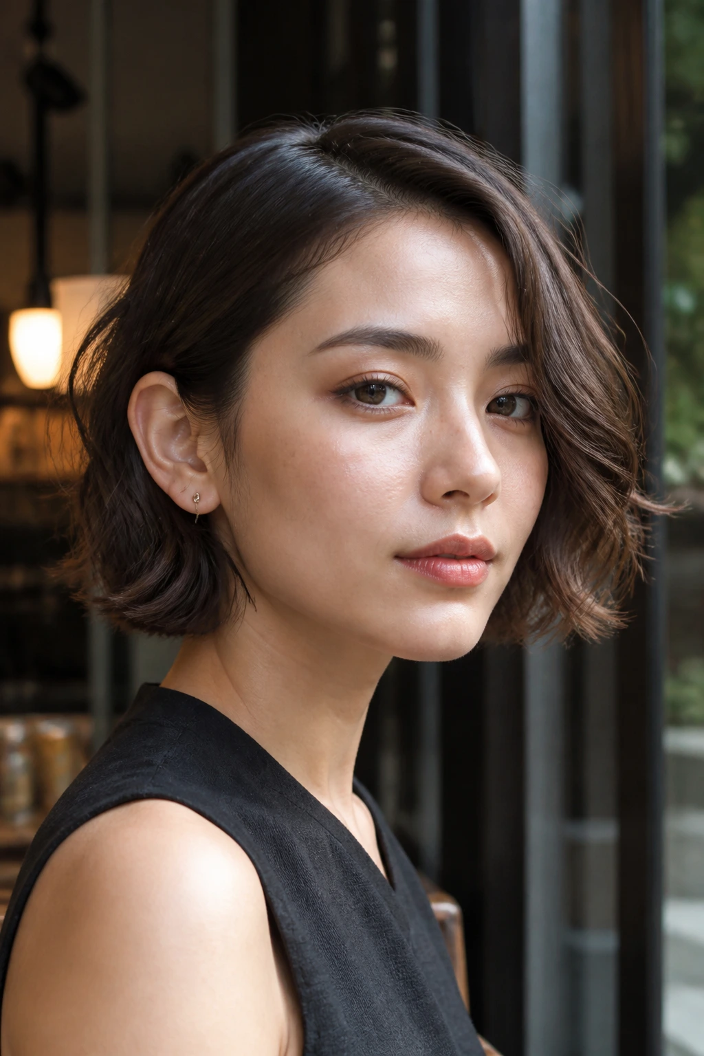 Close-up of real person with a wavy micro bob tucked behind the ear, in natural daylight.