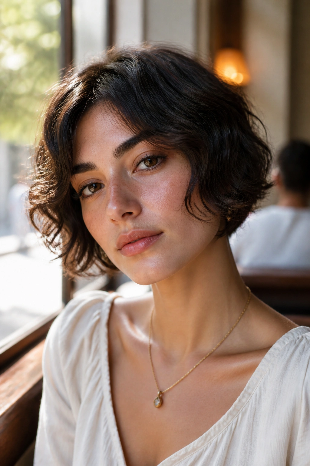 Close-up portrait of a real woman with a wavy micro bob above the jaw in a sunny cafe setting