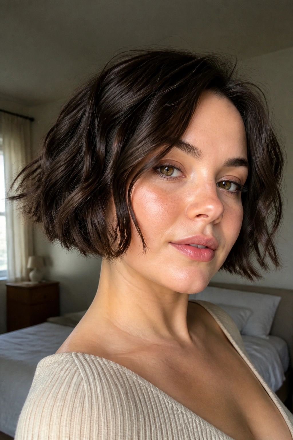Real person with wavy micro bob and off-center part in soft window light.