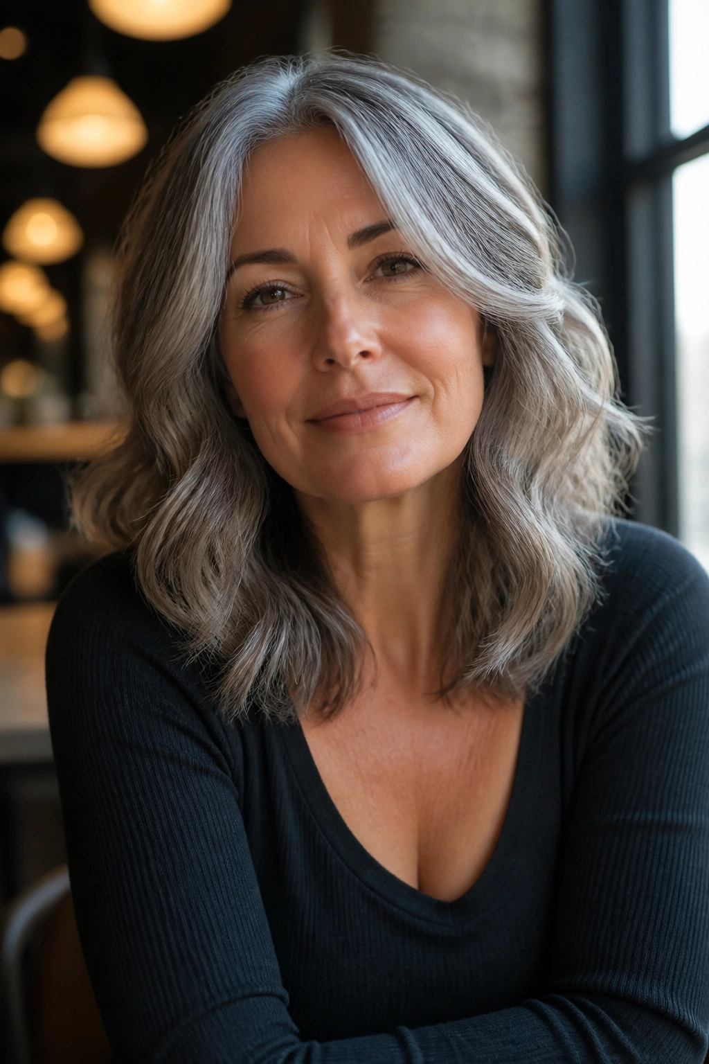 Portrait of a real woman with shoulder-length gray waves and cheekbone lifting layers