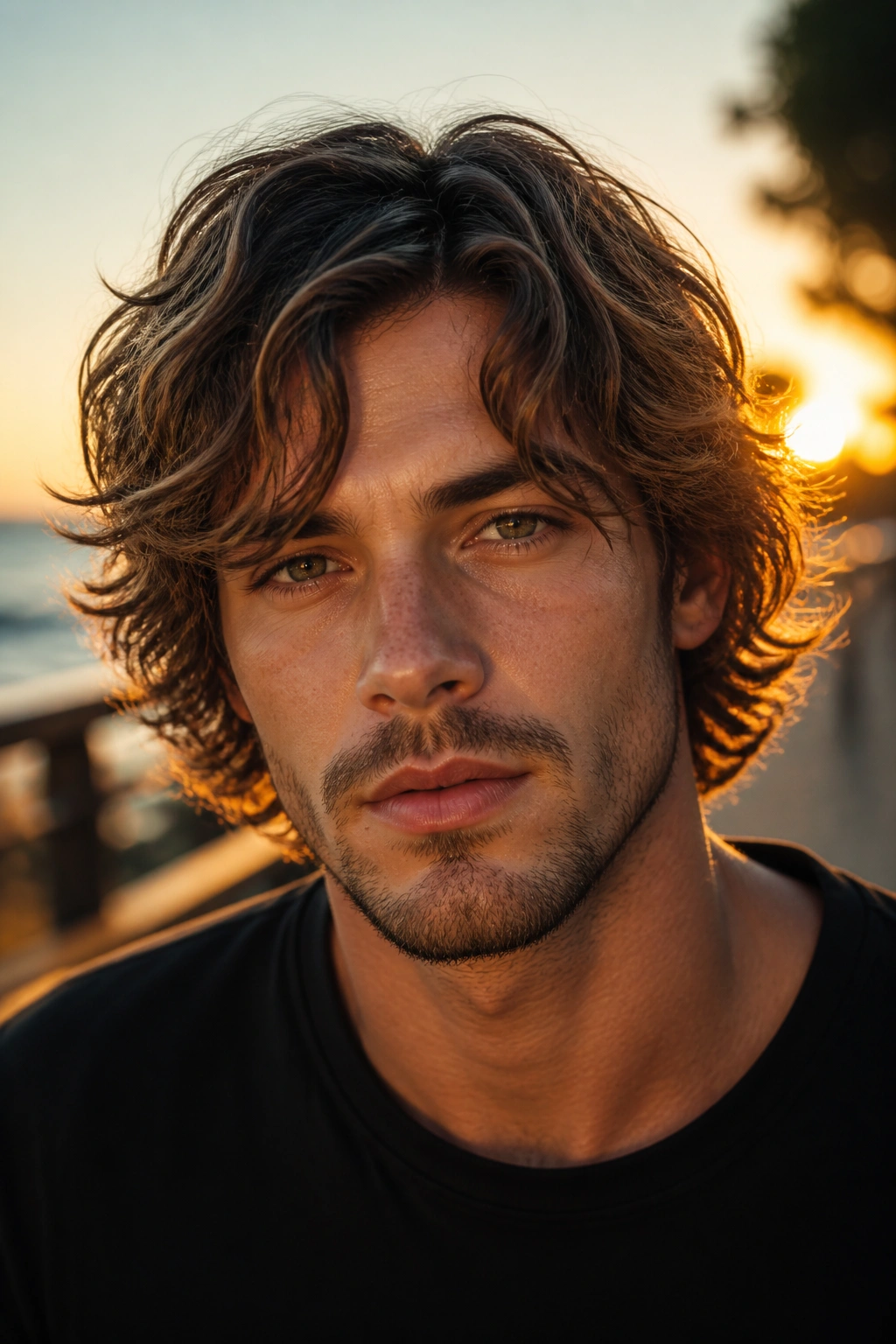 Close-up of a real man with wavy mid-length shag on a coastal boardwalk at sunset