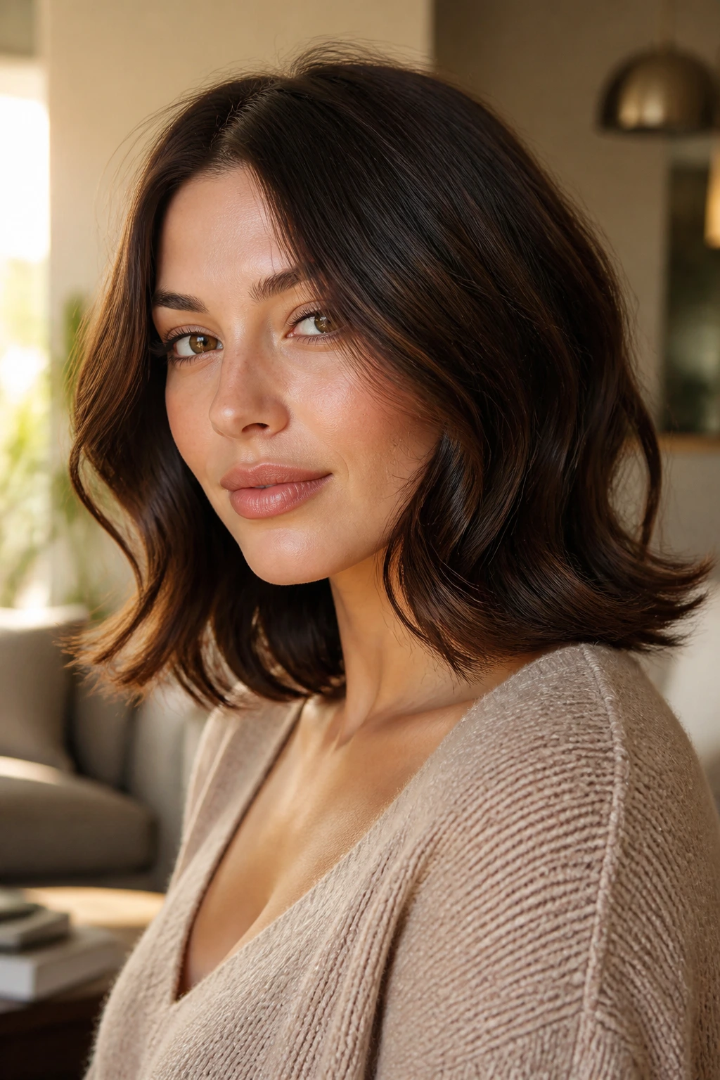 Close-up of a woman with a wavy chocolate midi cut and flipped ends