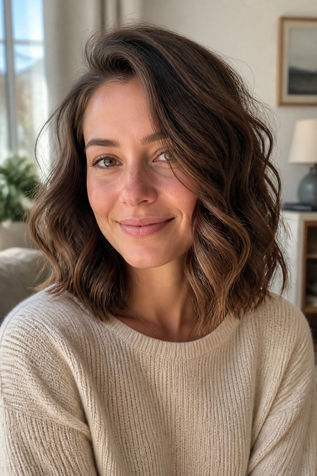 Wavy midi cut with an off-center part on a real person; loose waves and asymmetrical part