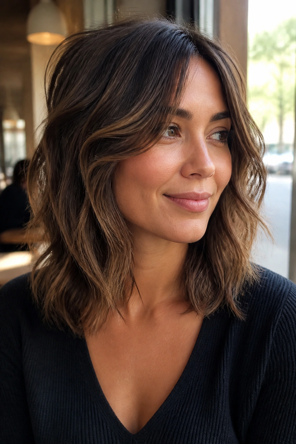 Portrait of a woman with a wavy mid-length cut and cheekbone layers.