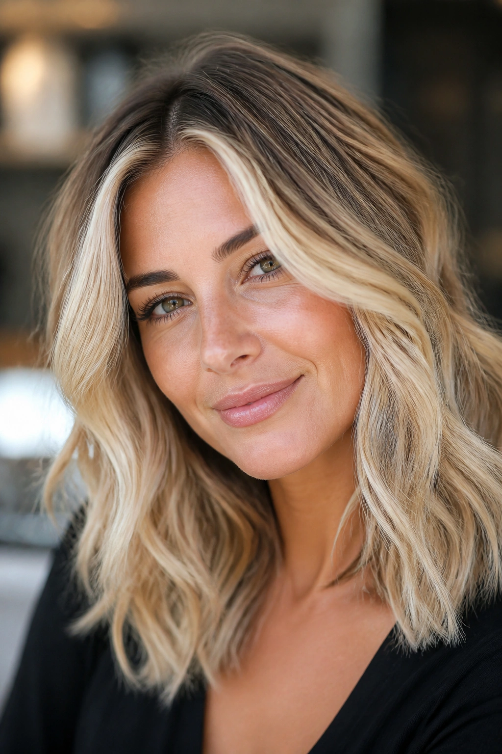 Close-up of a real woman with wavy midlength hair and bright face-framing pieces in daylight