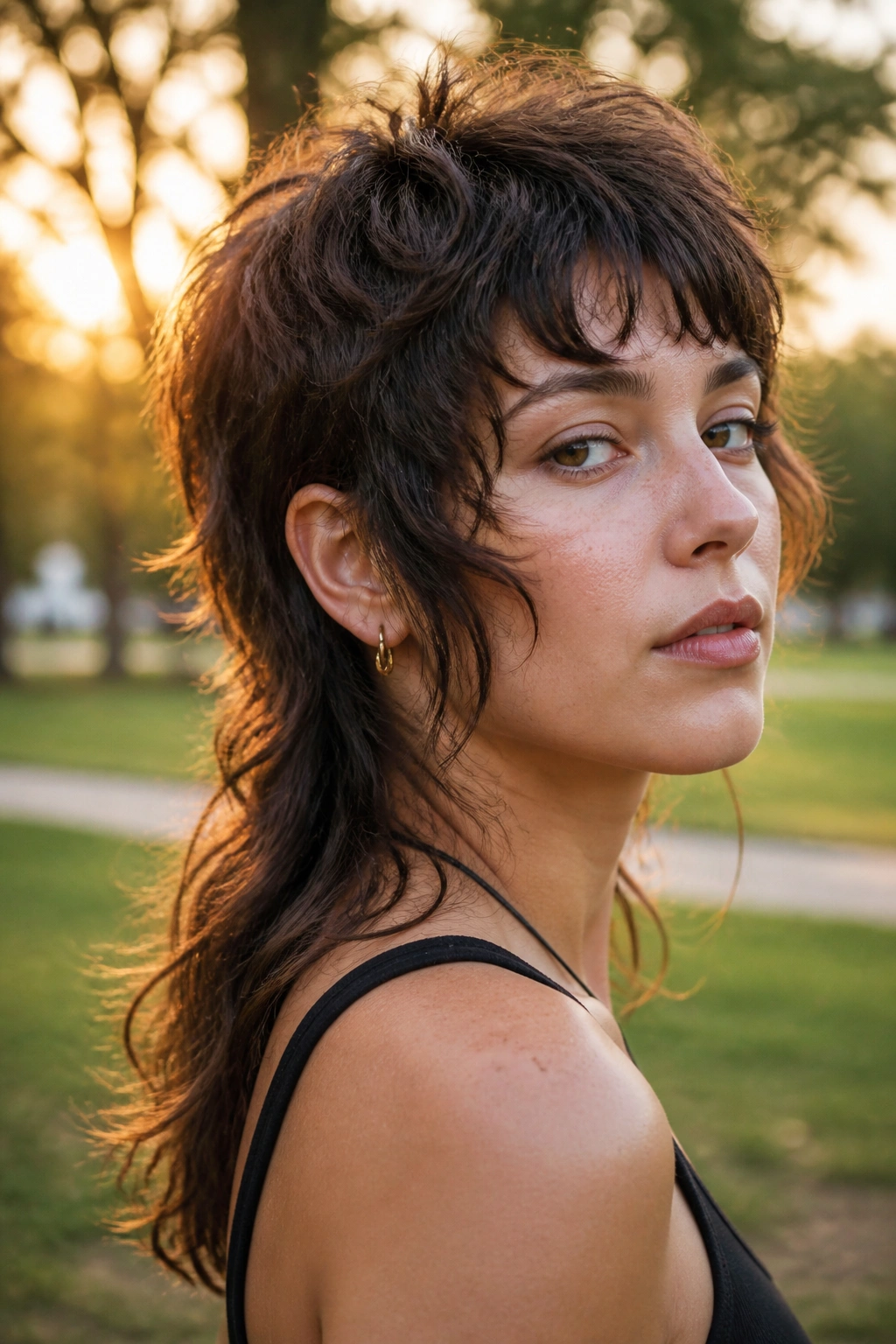 Three-quarter portrait of a real woman with a wavy mullet and longer back.