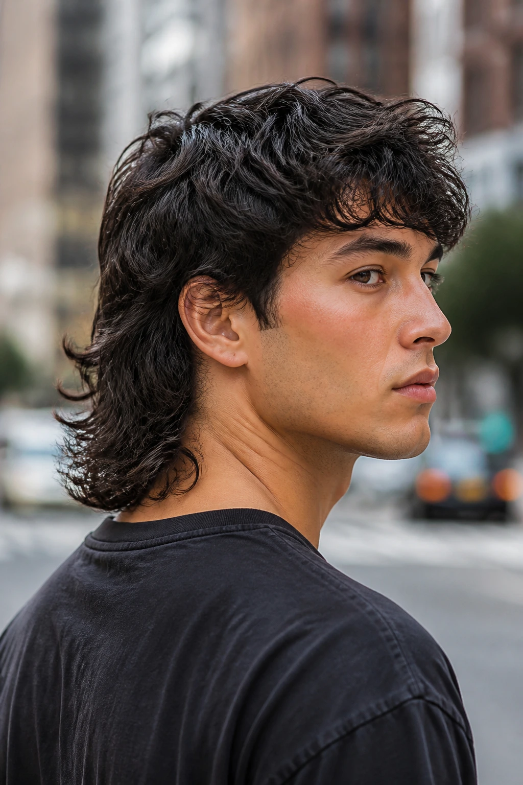 Three-quarter portrait of a real person with a wavy mullet and clean nape in urban daylight
