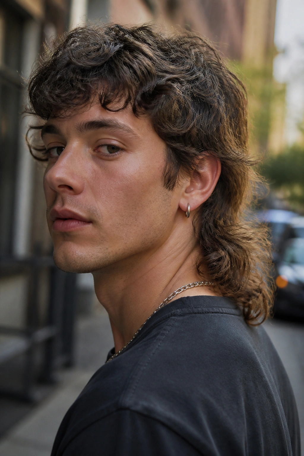 Real person with a wavy mullet outdoors in daylight
