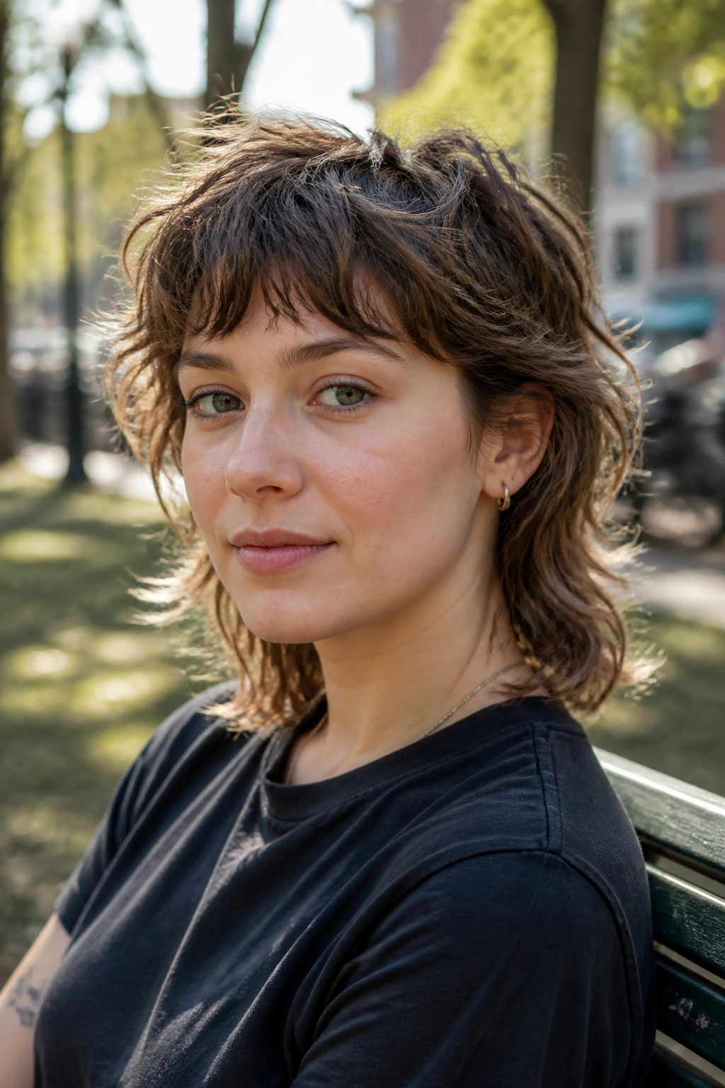 Portrait of a real person with a wavy mullet-lite hairstyle.