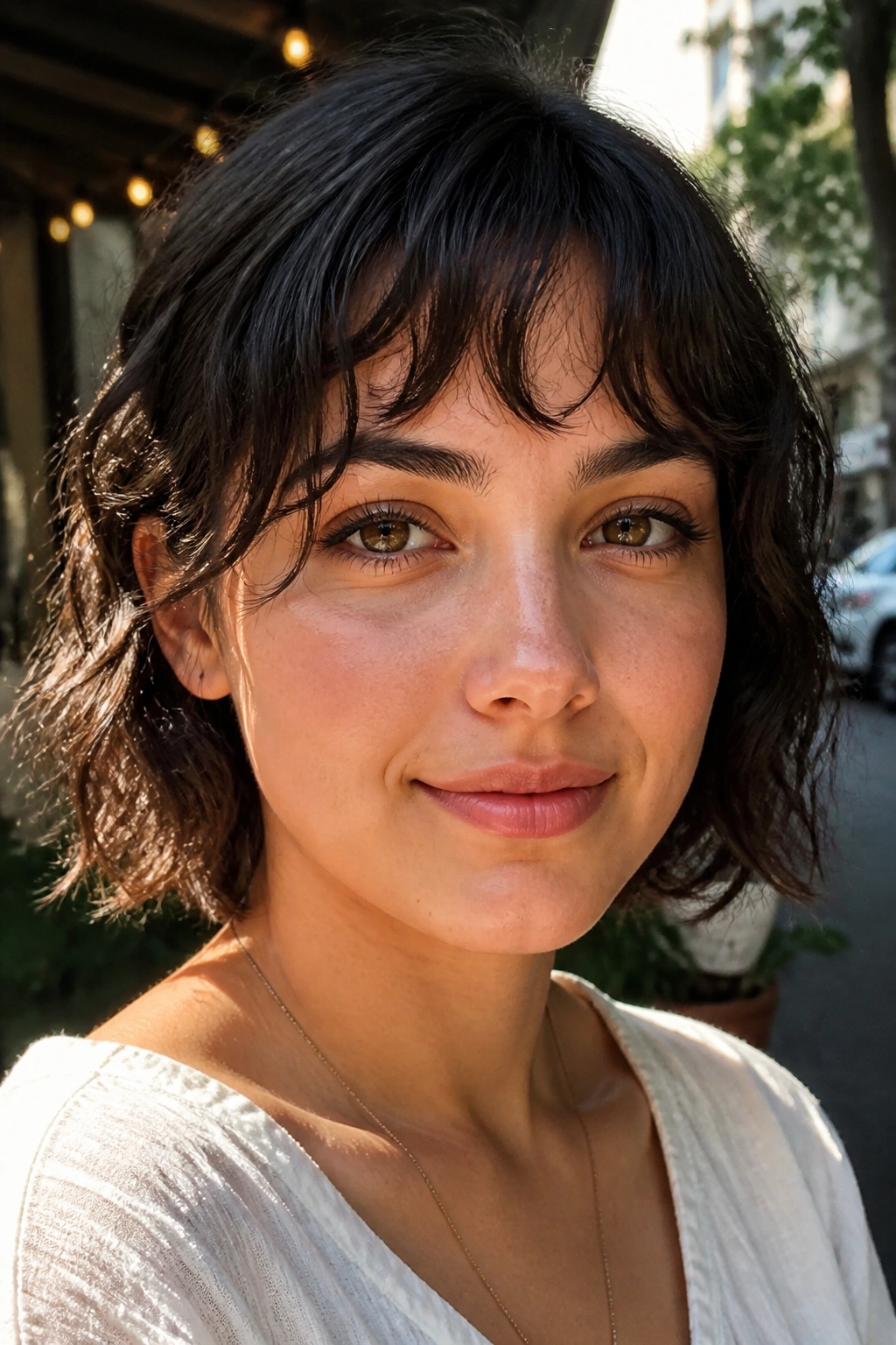 Close-up portrait of a person with wavy piecey bangs and textured fringe