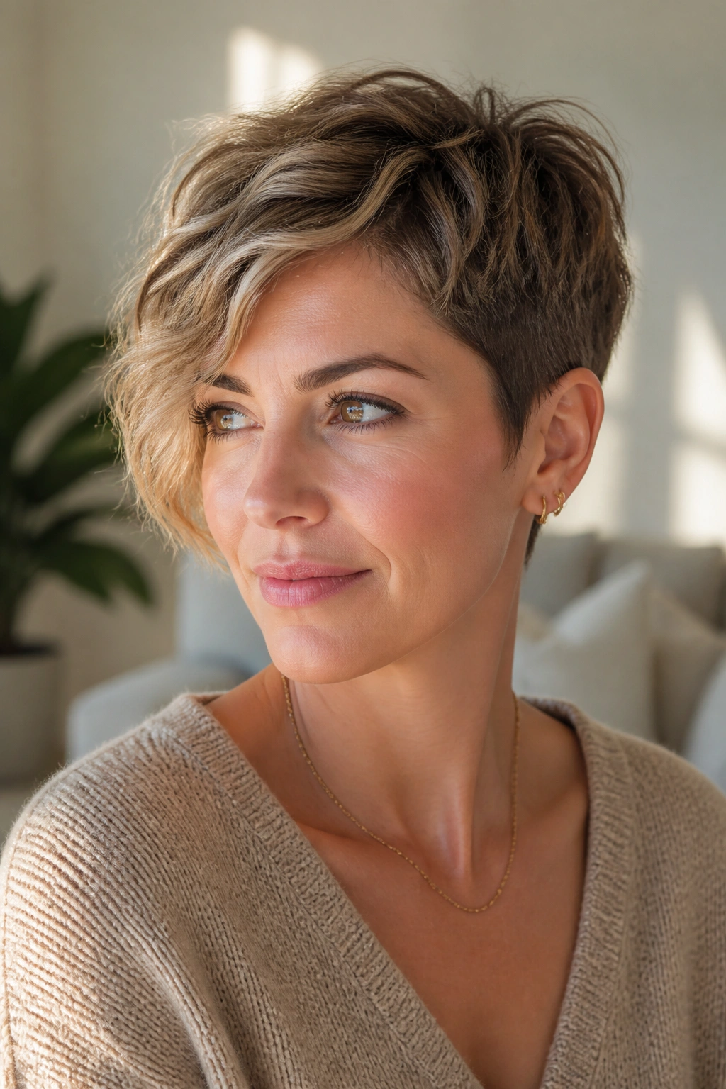 Real woman with a wavy asymmetrical pixie for fine hair in a sunlit living room