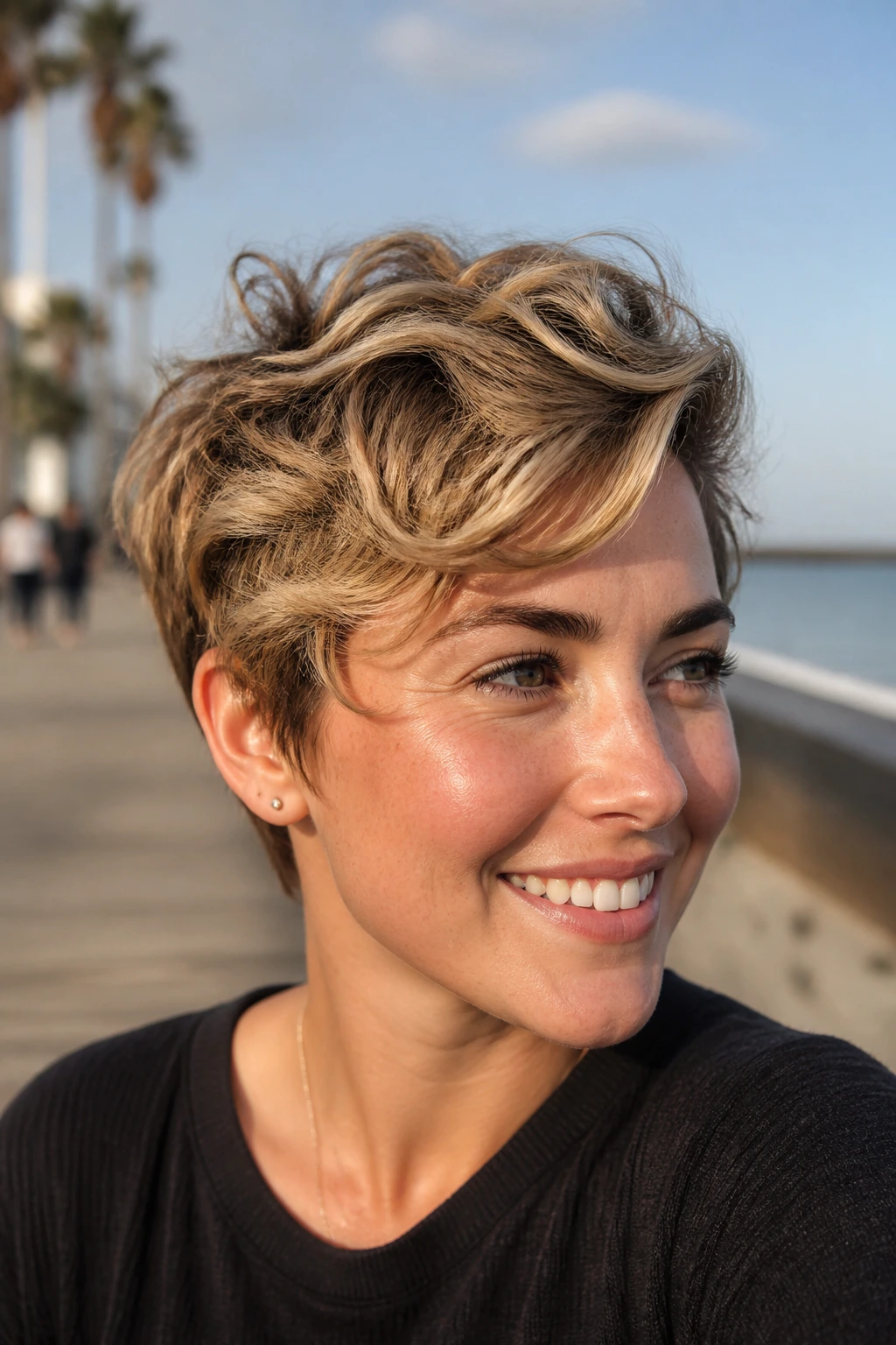 Close-up of a real woman with wavy pixie and piecey bend under warm sun