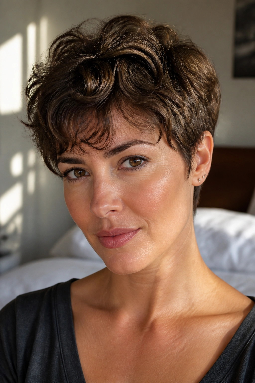 Close-up portrait of a real woman with a wavy pixie for fine hair under warm window light