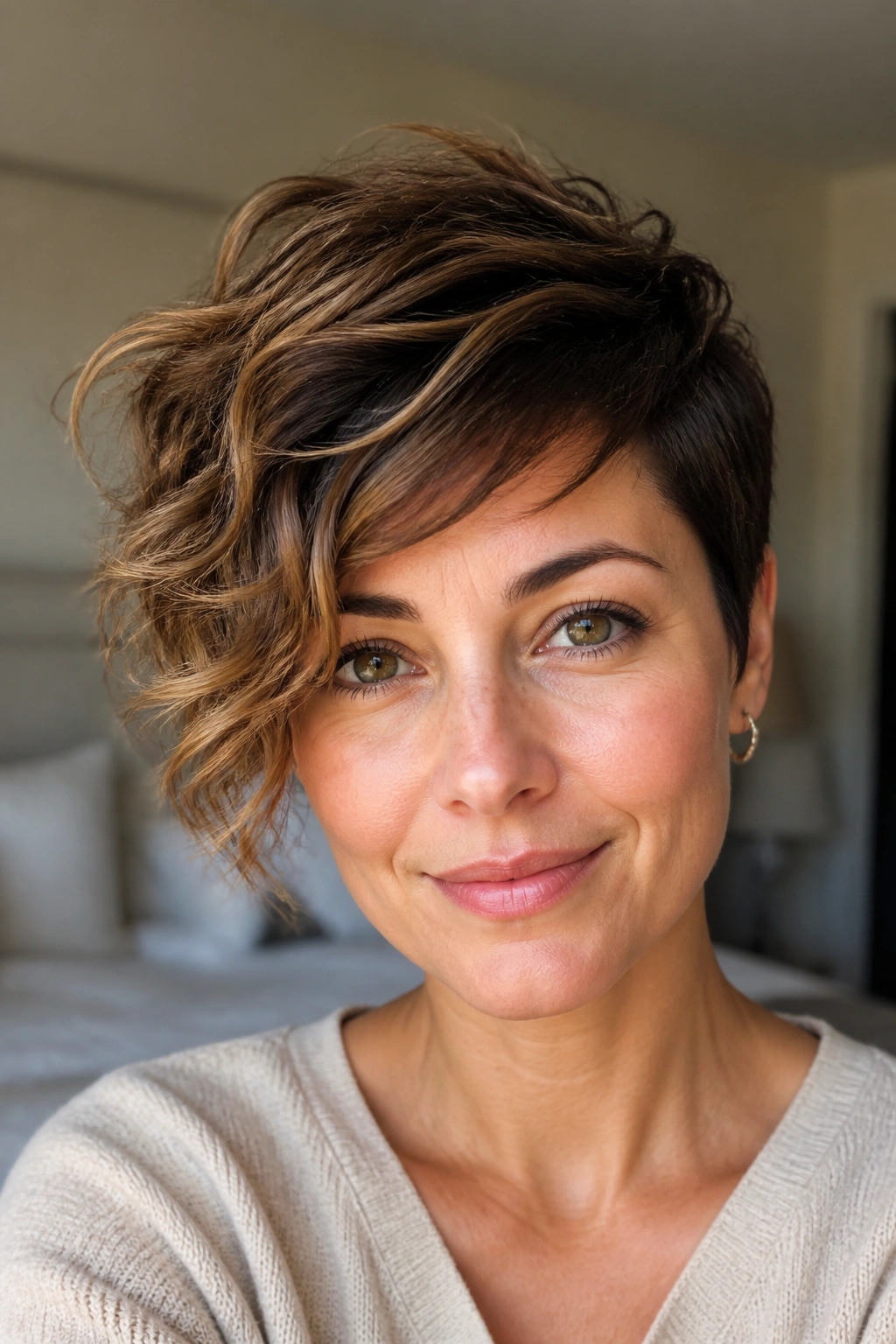 Close-up of a woman with a wavy asymmetrical pixie hairstyle in warm window light