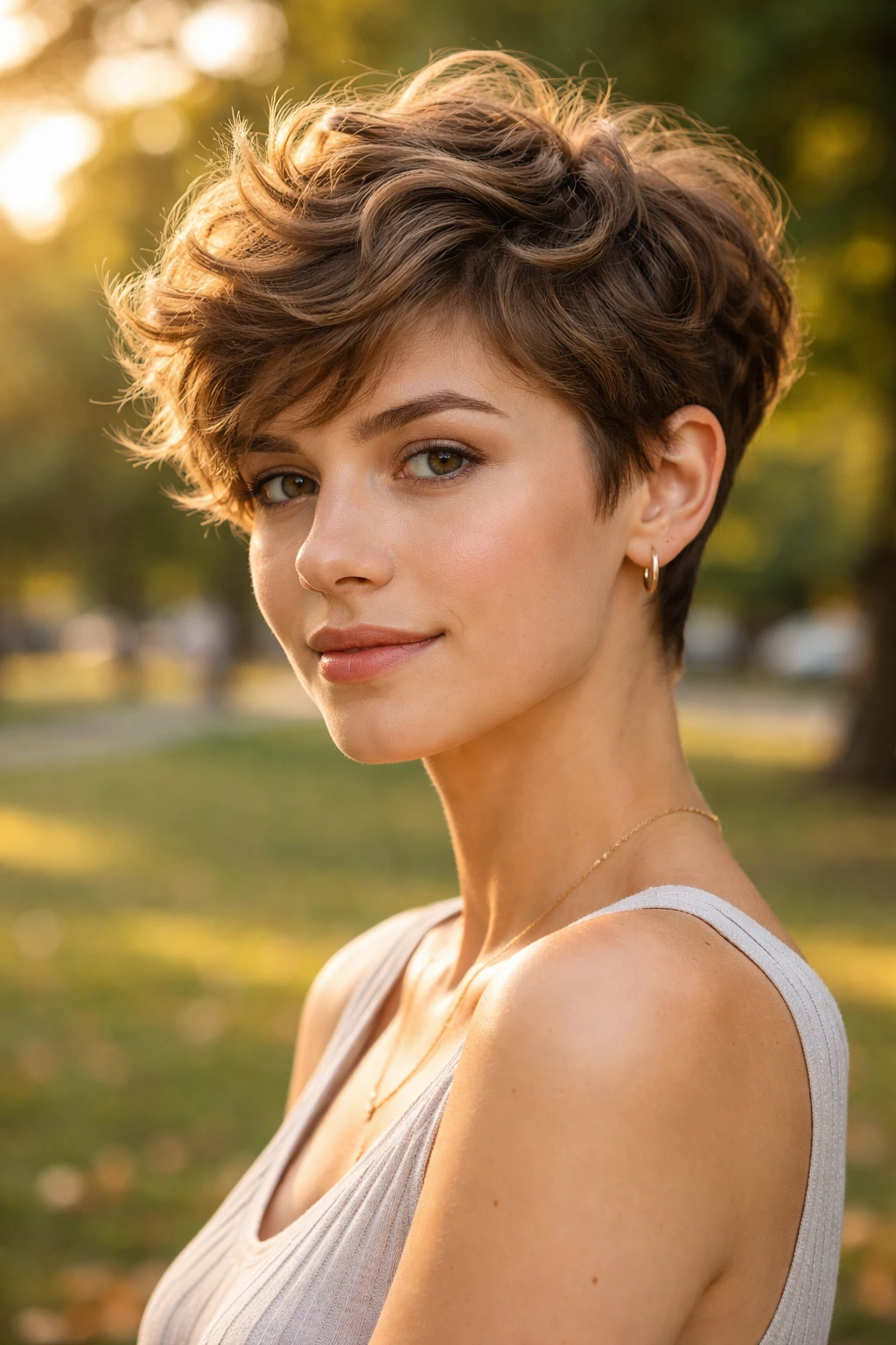 Close-up of a real person with wavy pixie showing natural waves on top.