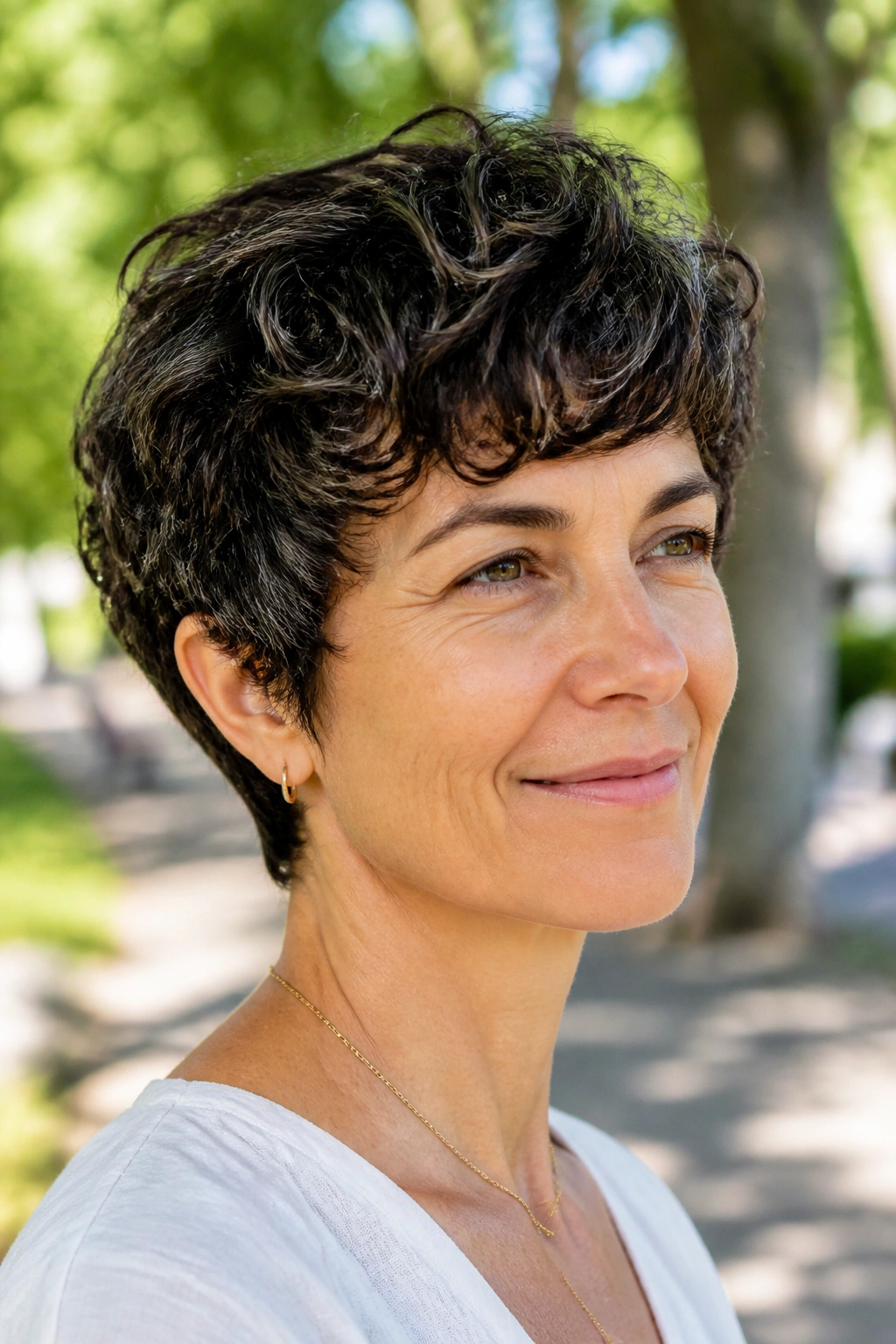 Real person with a wavy pixie for fine hair showing natural waves.