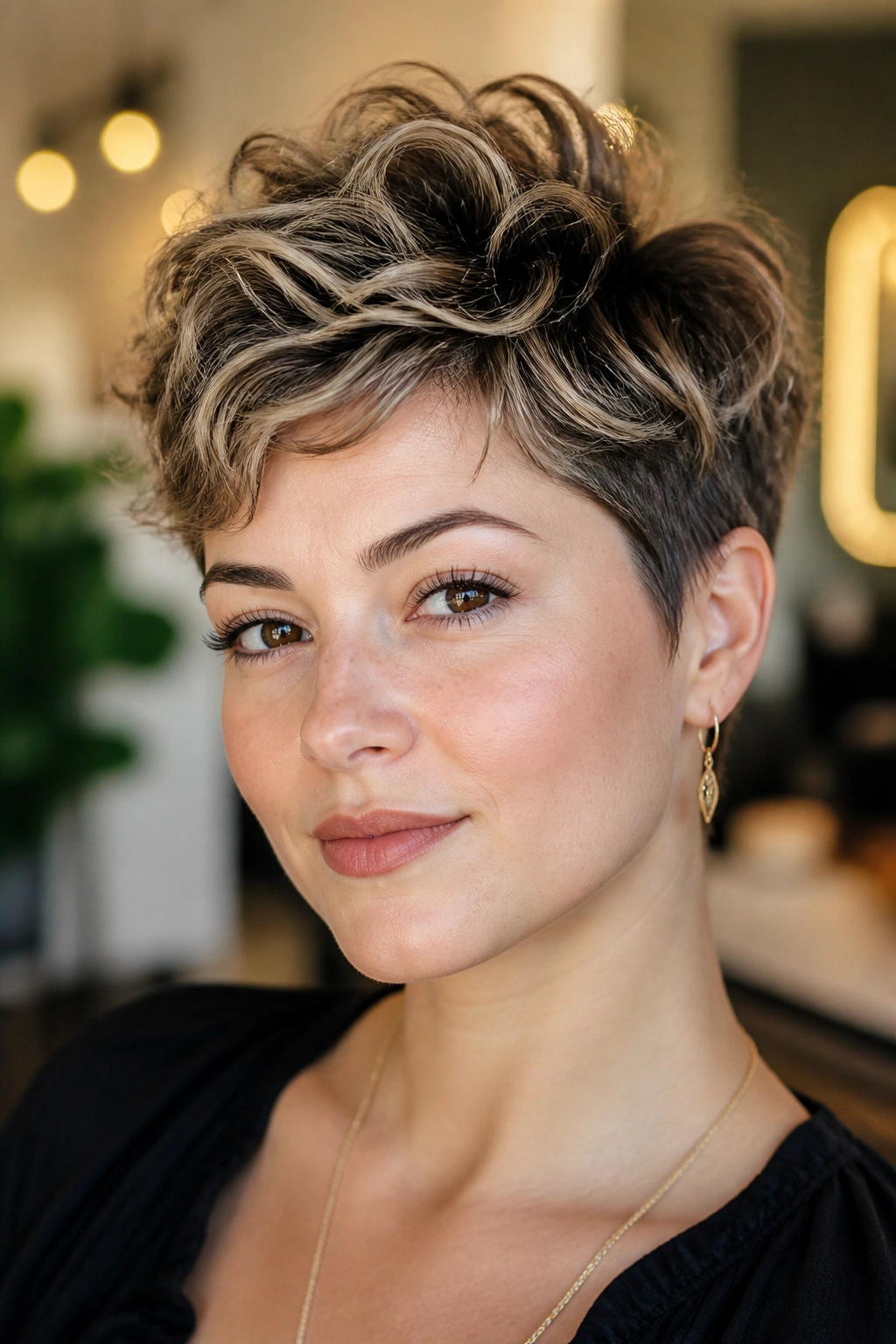 Close-up of a real woman with a wavy pixie featuring extra height on top in warm salon lighting