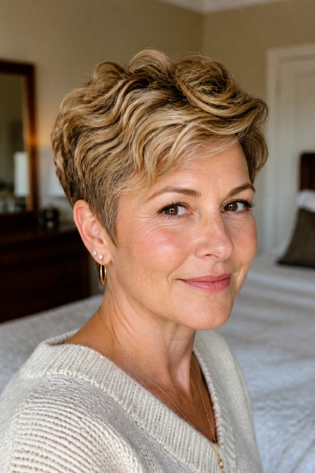 Close-up portrait of a real woman with a wavy honey pixie showing crown bend in warm window light.