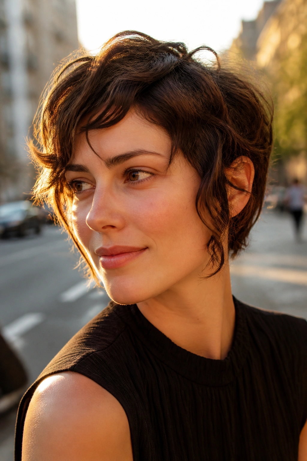Close-up of a real woman with a wavy pixie and longer temples.