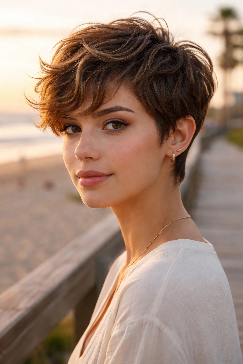 Close-up portrait of a girl with wavy pixie and natural bend