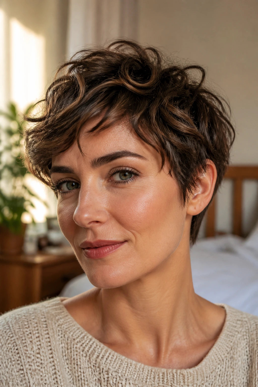 Close-up of a real person with wavy pixie haircut in cozy indoor light