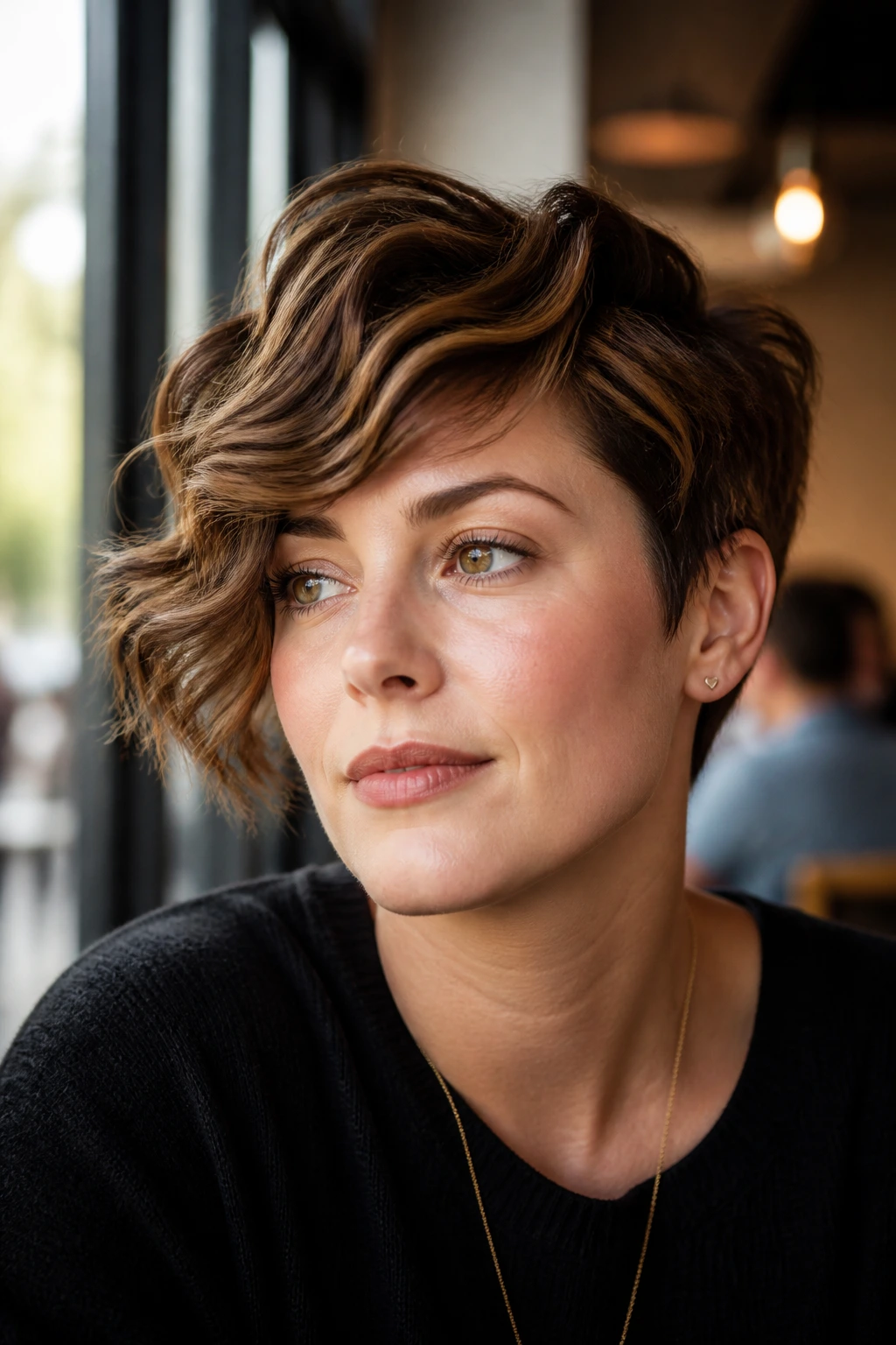 Portrait of a woman with soft S-bend wavy long pixie