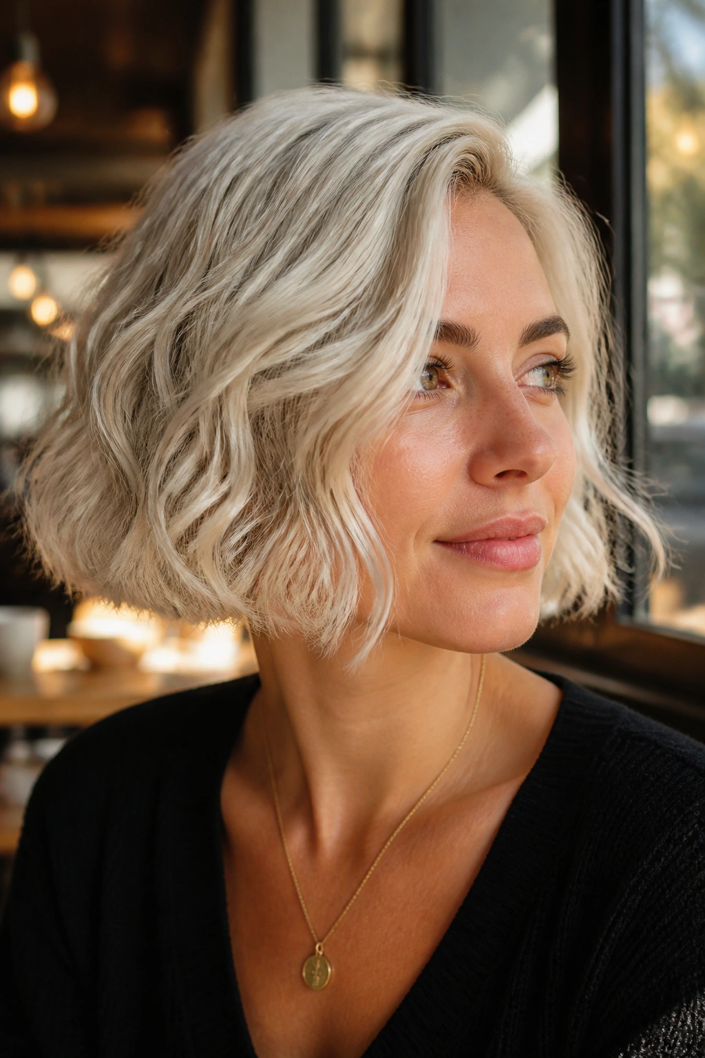 Portrait of a real woman with a jaw-length wavy platinum bob in a sunlit cafe