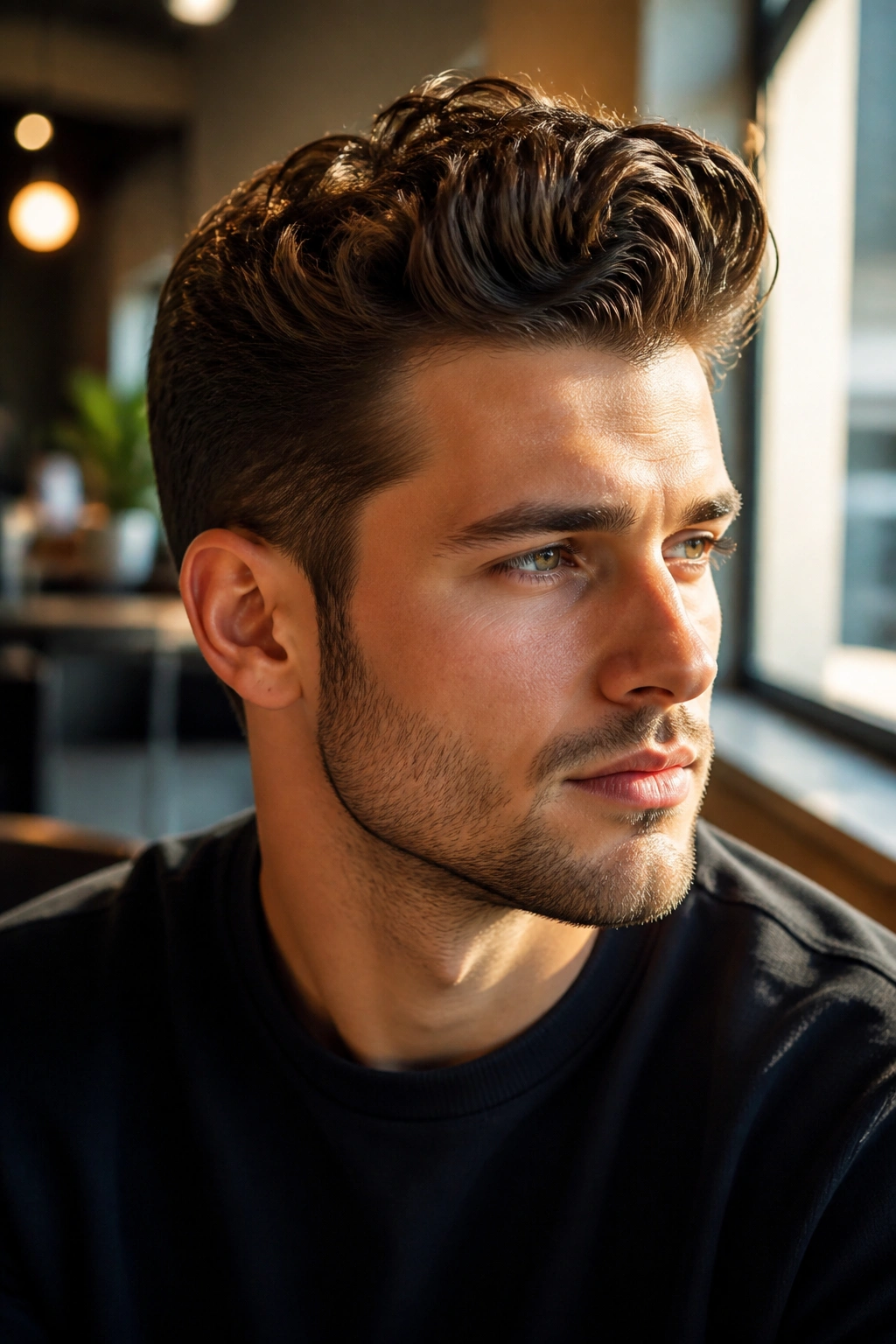 Close-up portrait of a man with a wavy pompadour.
