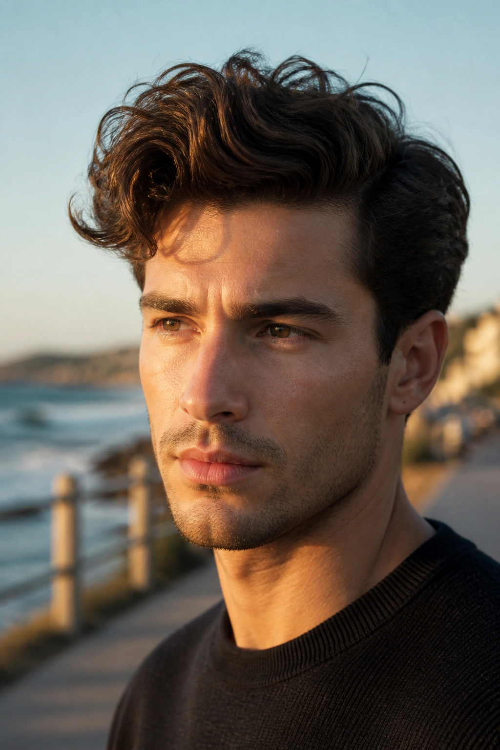 Close-up portrait of a man with a soft, natural wavy quiff at golden hour by the sea