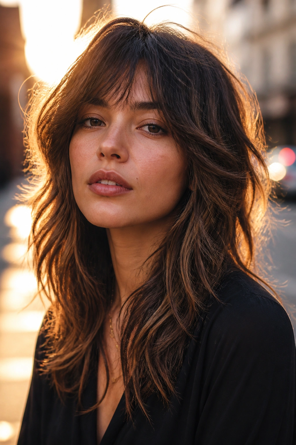 Close-up portrait of a real woman with a wavy razor-cut shag.
