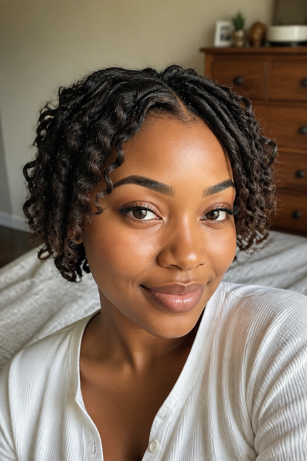 Close-up of real woman with wavy rod-set short locs in morning light