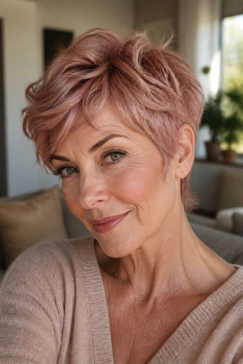 Real woman with wavy rose pixie and piecey ends in sunlit living room