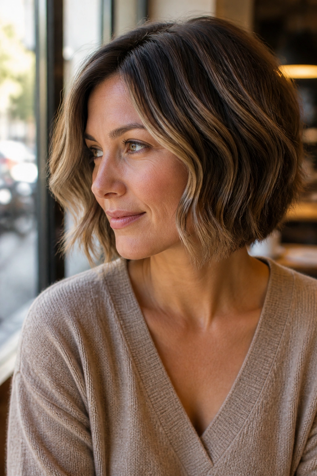 Portrait of a real woman with a wavy rounded bob and loose bends in natural light