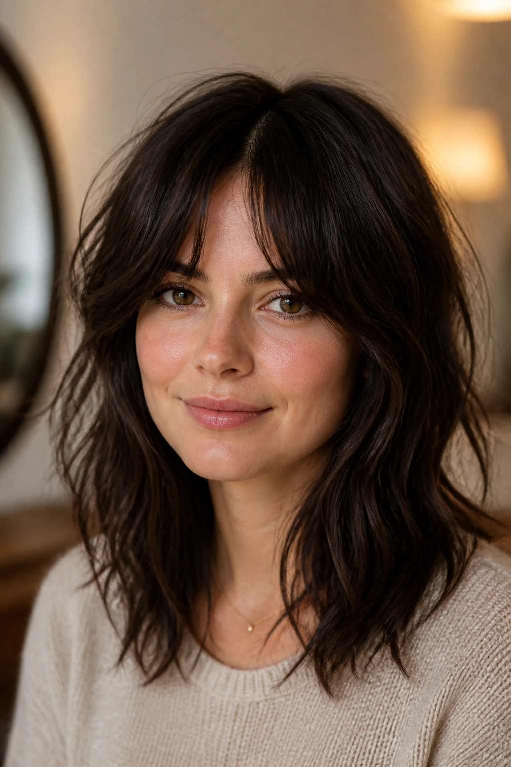 Close-up of a real woman with wavy shag bangs and a middle part in warm natural light.