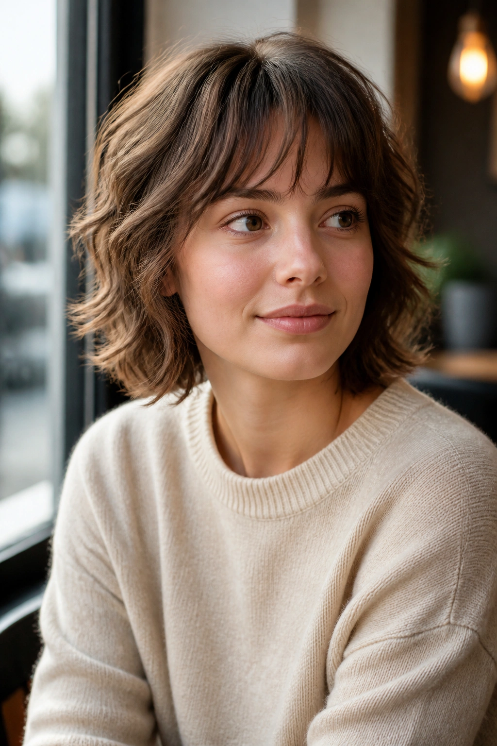 Real person with wavy shag and airy light bangs, close-up portrait