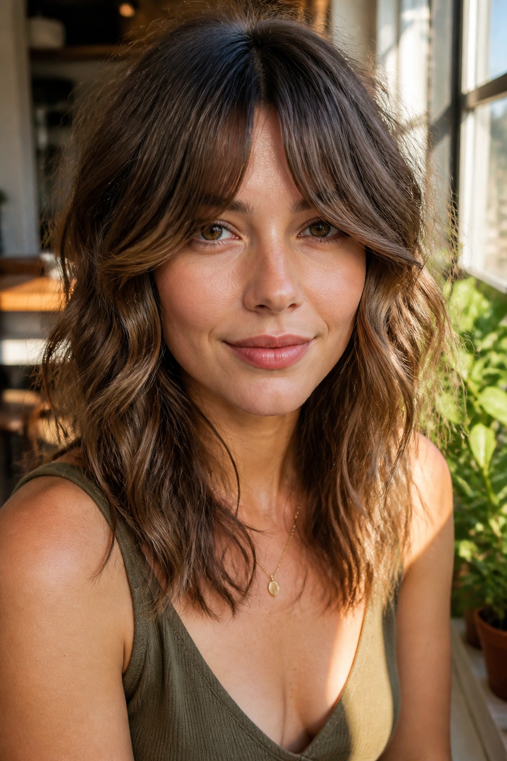 Portrait of woman with wavy shag and bottleneck bangs