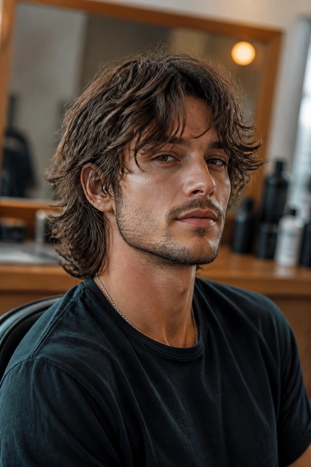 Close-up of a man with a layered wavy shag hairstyle under soft window light