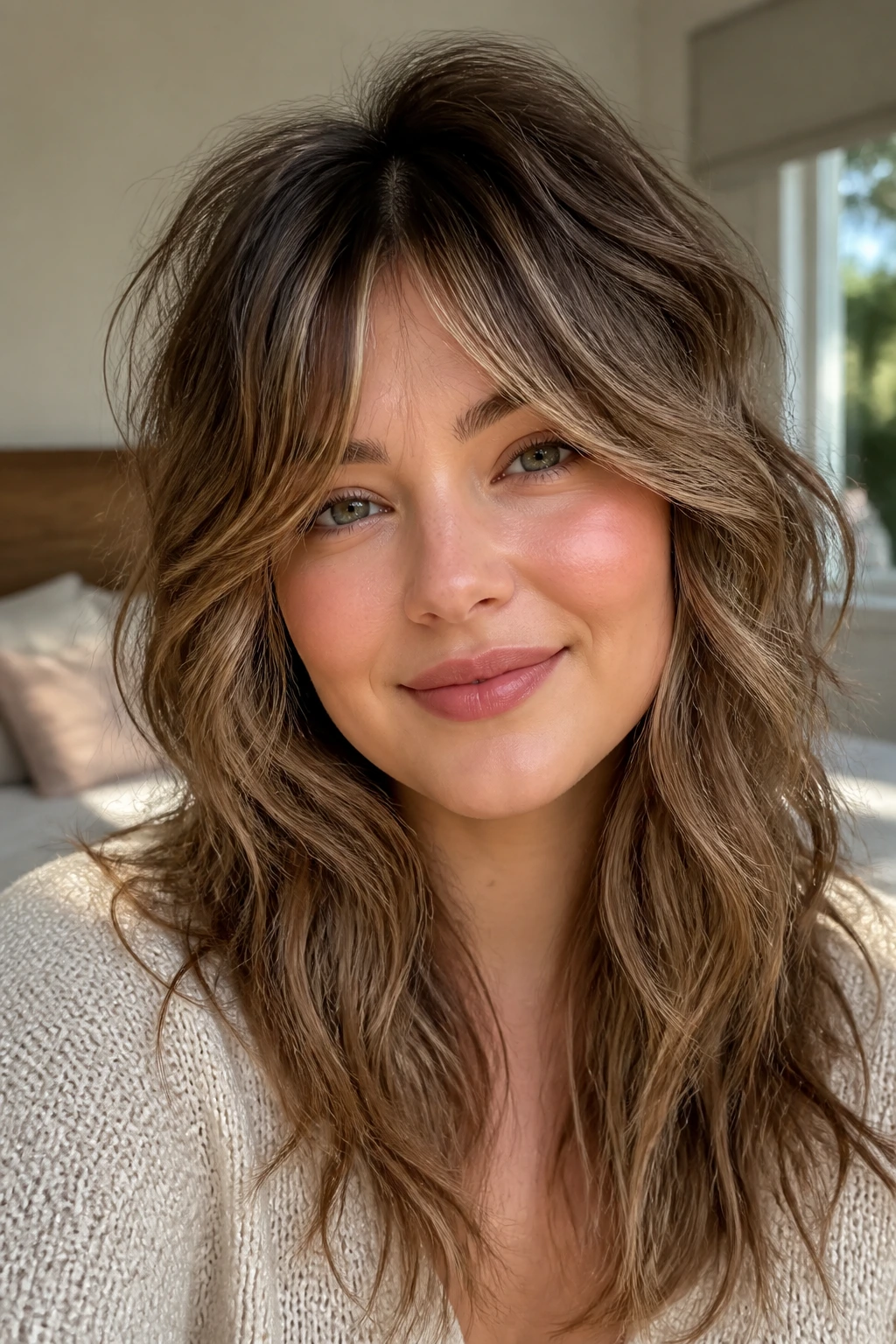 Close-up of a real woman with a wavy shag featuring long broken layers, natural window light