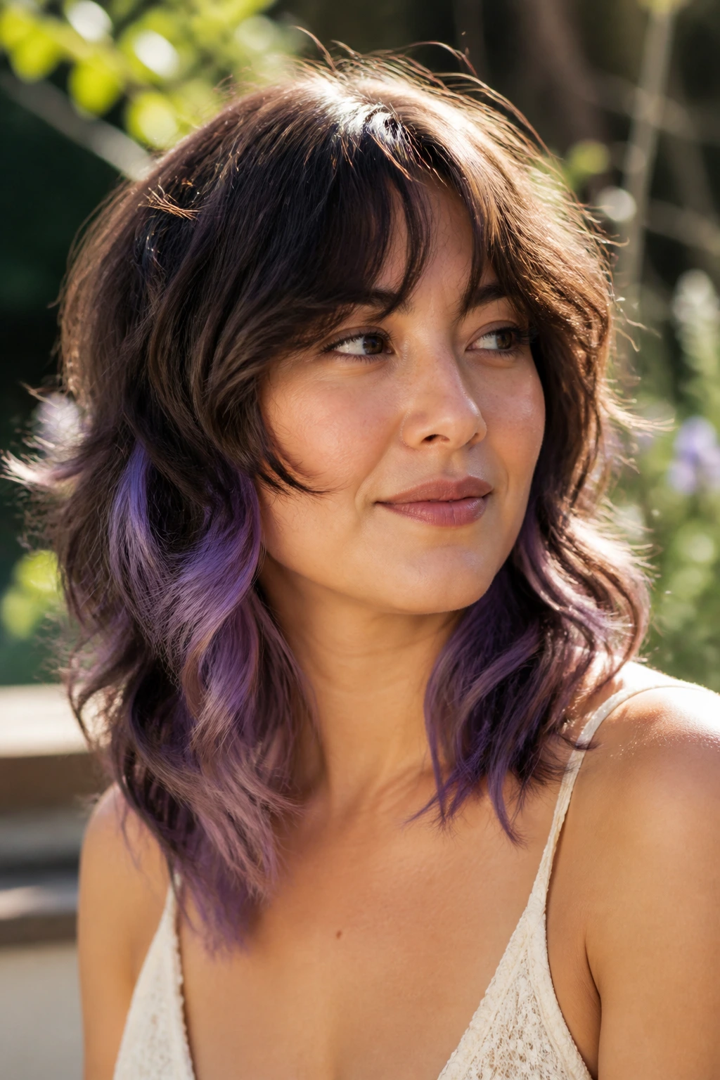 Close-up of a real woman with wavy shag and lilac underlayer framing her face in natural light