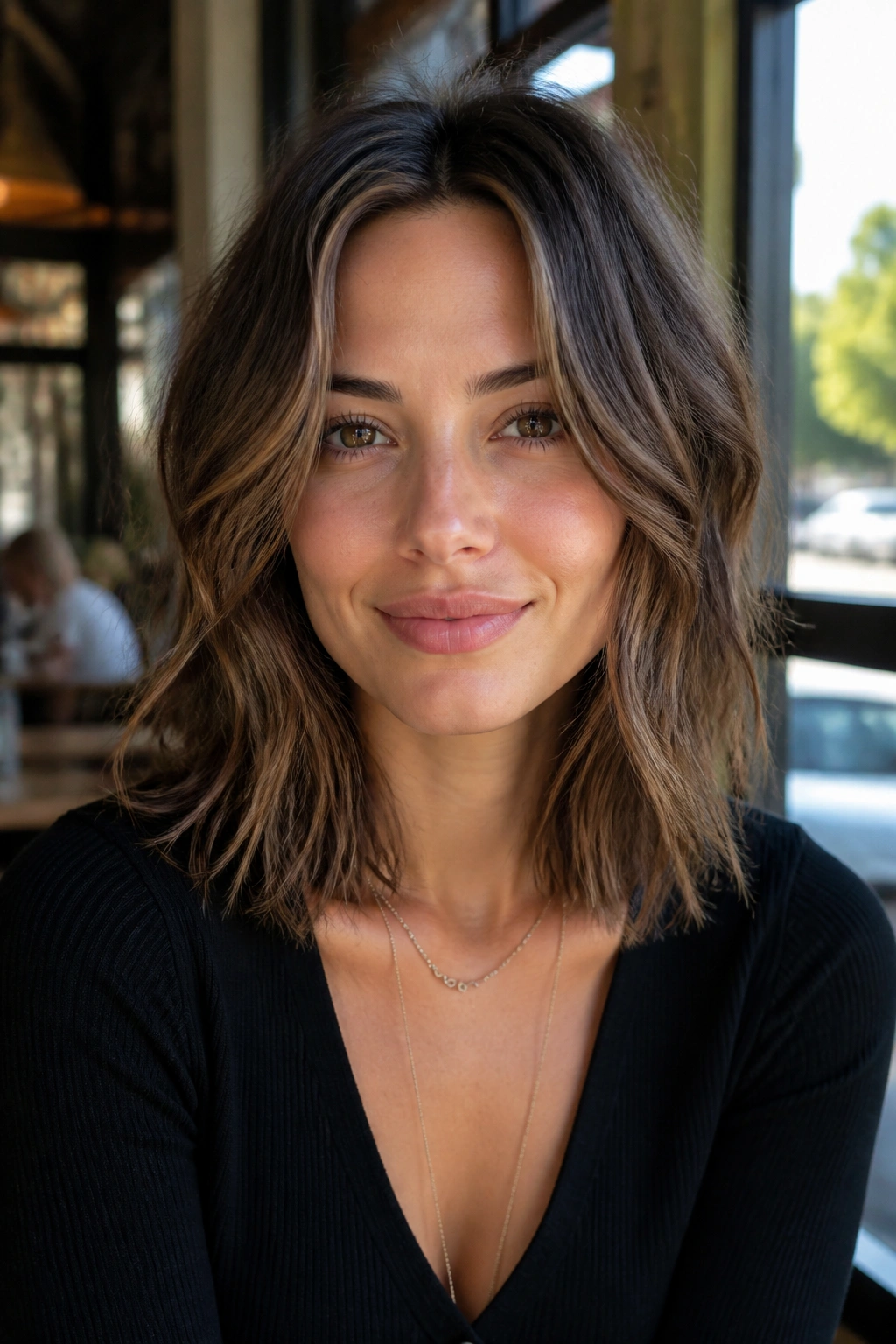 Portrait of a real woman with wavy shag lob and tousled movement