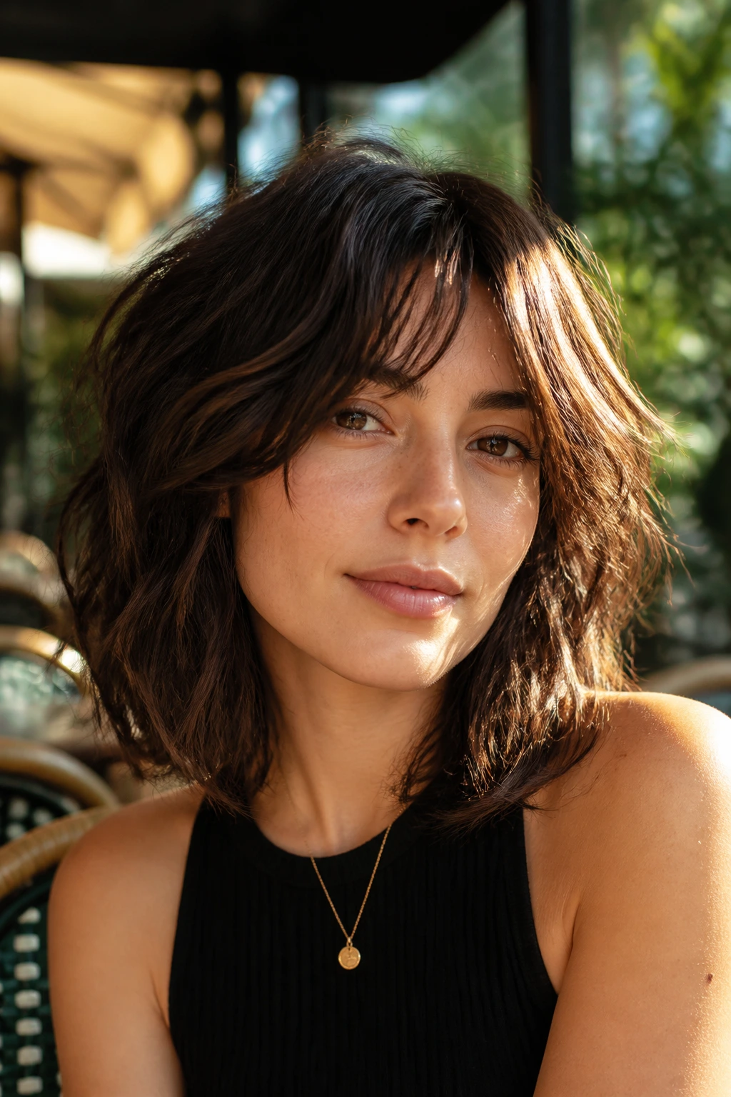 Woman with wavy shag lob hairstyle in warm outdoor setting with sunlight.