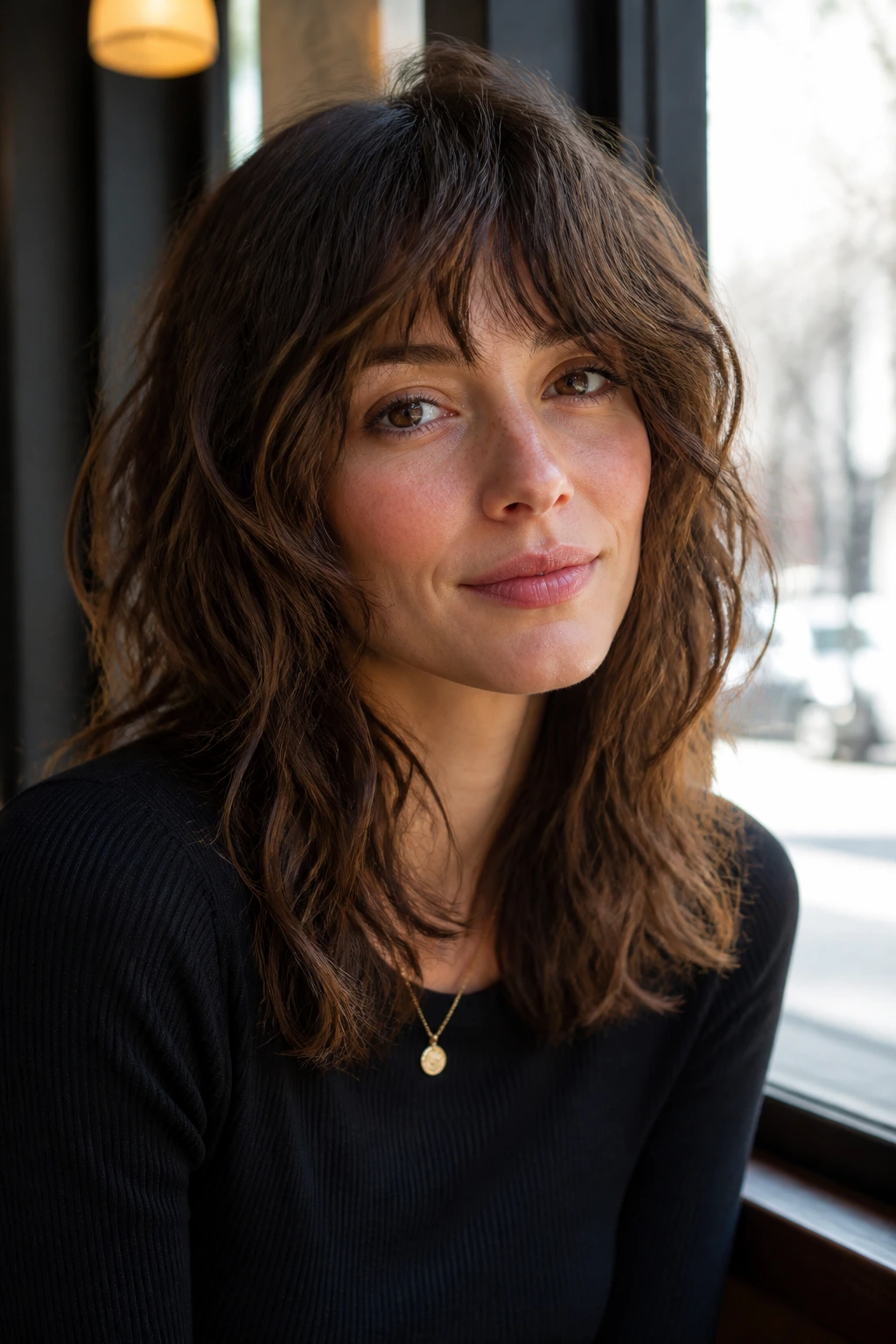 Close-up portrait of a woman with a wavy shag haircut embracing her natural bend