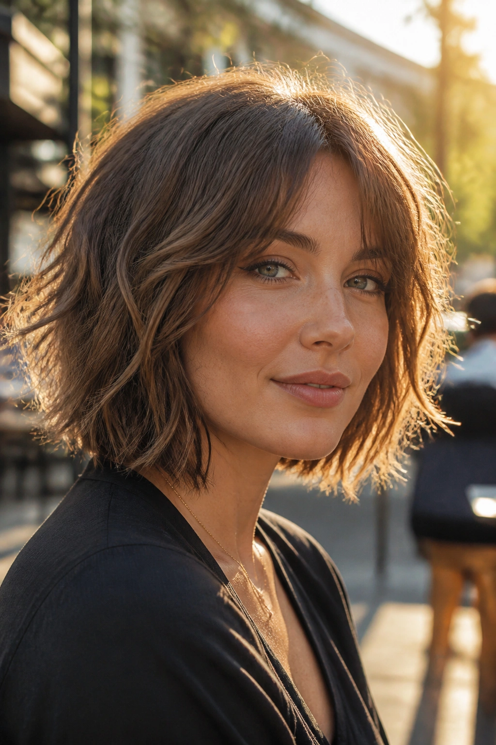 Close-up of a real woman with wavy shag bob and razor ends in golden hour light