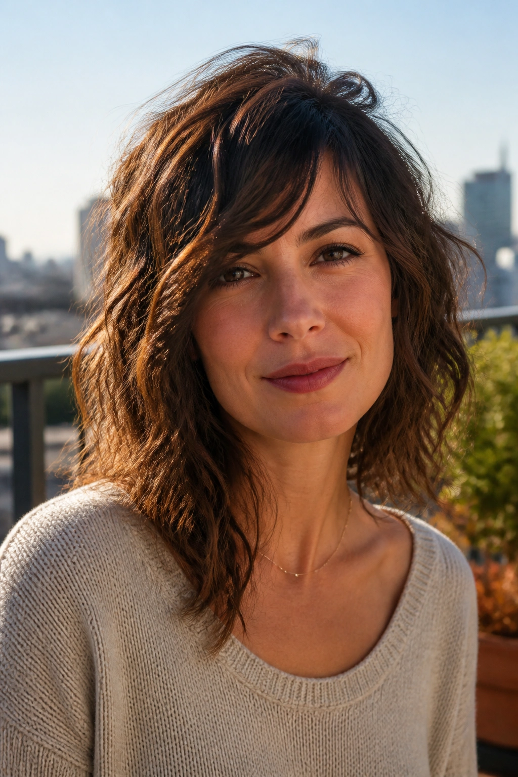 Real woman with wavy asymmetrical shag at shoulder length