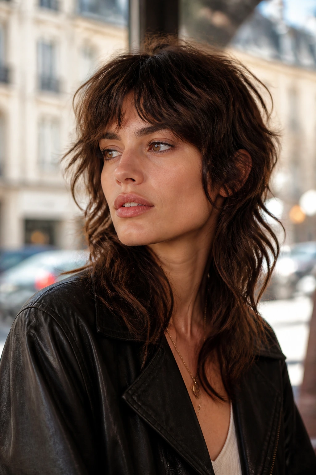 Close-up portrait of a real woman with soft wavy layers and shaggy mullet.