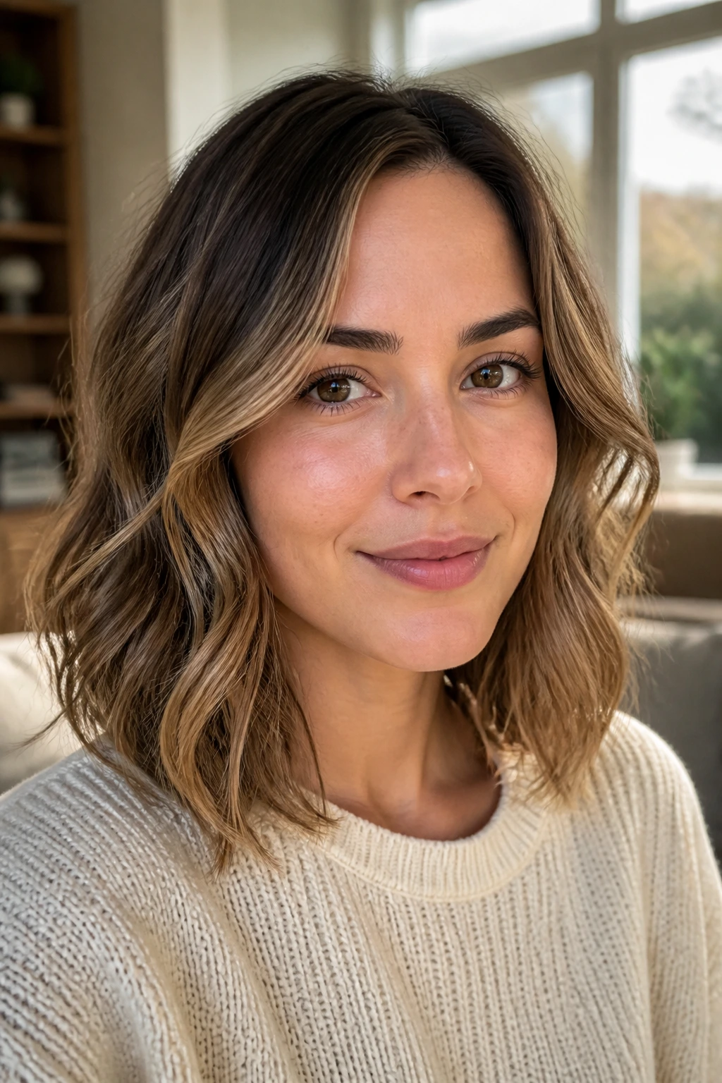 Close-up of a real woman with a wavy shoulder-length cut and mid-length movement