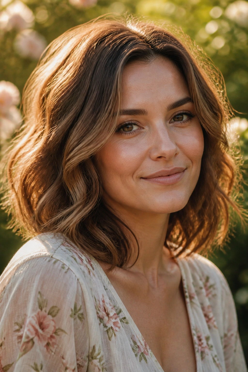 Real woman with loose wavy shoulder-length hairstyle.