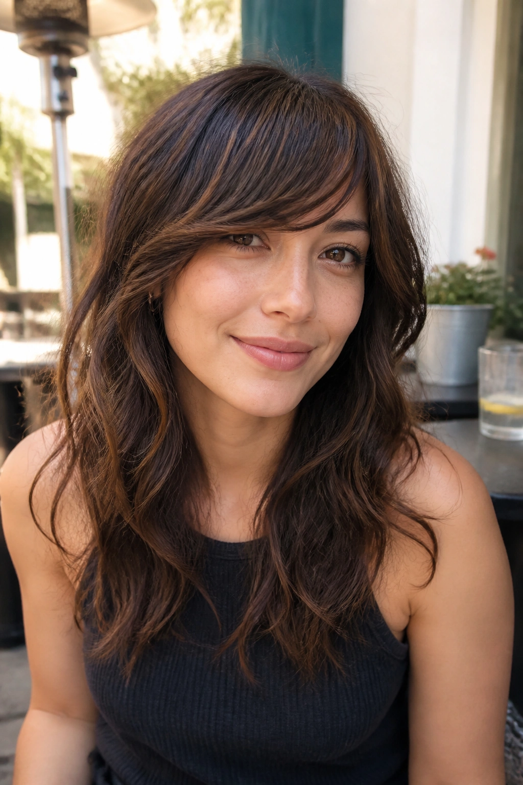 Close-up of a real woman with wavy side bangs in outdoor sunlight